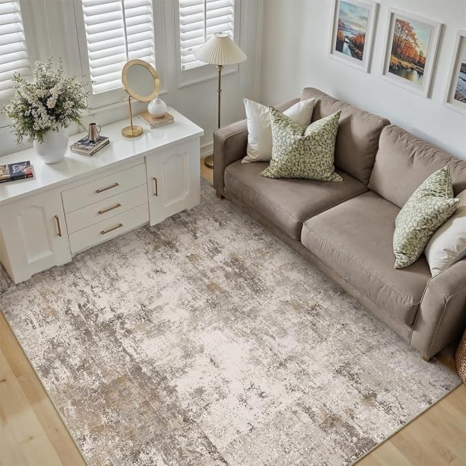 WondRg 4x6 Washable Area Rug Brown Grey Abstract Entryway Office Throw Rug Neutral Modern Non Slip Soft Low Pile Indoor Carpet for Living Room Bedroom Kitchen Entrance