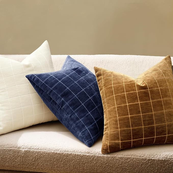 MIULEE Decorative Chenille Check Throw Pillow Covers Vintage Plaid Couch Pillows 20x20 Inch Set of 2 Neutral Boho Farmhouse Cushion Covers Modern Home Decor for Sofa Bed Living Room Brown Sugar