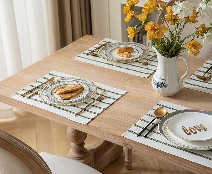 Caflife Boho Farmhouse Placemats Set of 4, Green Beige Stripes Cotton Linen Woven Table Mats for Modern Dining Table, 13x19 Inch Rustic Kitchen Decor Place Mats
