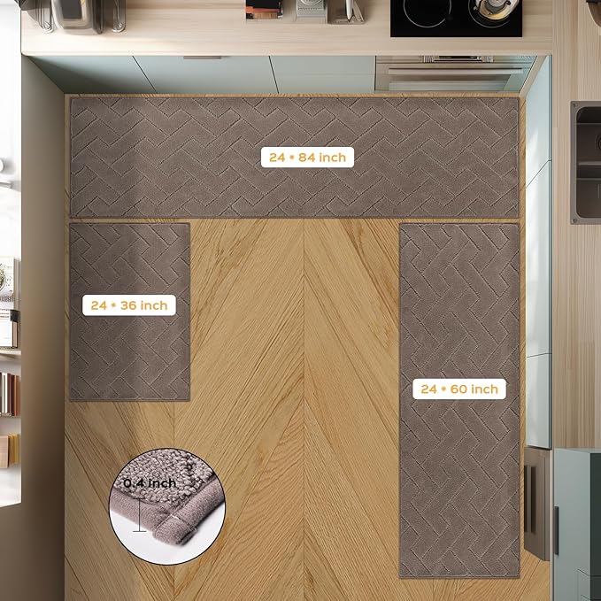 Machine Washable Kitchen Rugs Set (24" x 36"+24" x 60"), Non-Slip Kitchen Runner Rugs Mats for Floor, Absorbent Comfort Standing Mats for Kitchen, Sink and Hallway, Rolled Packaging, Grayish Brown