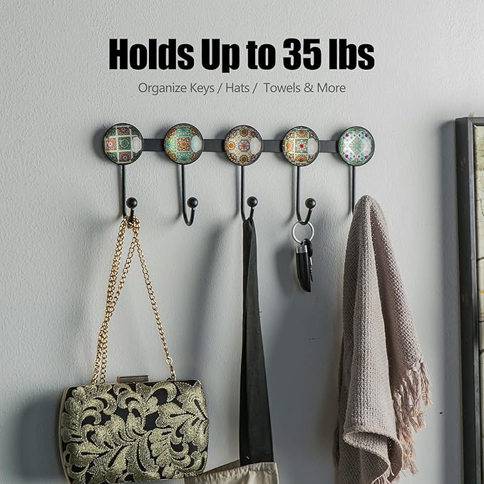 Boho Coat Rack Wall Mounted with 5 Hooks, Forest Theme Mandala Pattern Decorative Wall Hooks for Hanging Hat, Key, Towel, Purse, Bag, and Robe - for Entryway, Bathroom, and Kitche