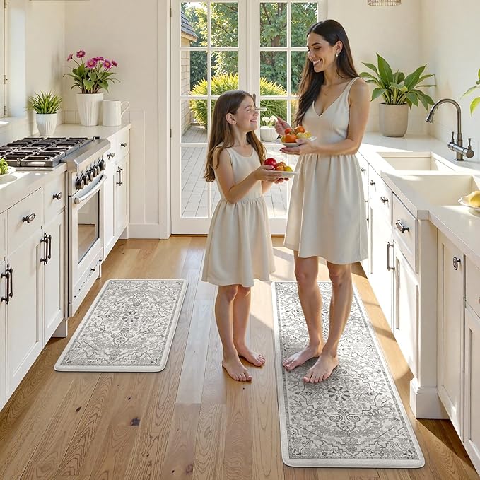 KIMODE Kitchen Mats Cushioned Anti Fatigue, Boho Vintage Grey Kitchen Rugs Sets of 2, Non-Slip Kitchen Mats for Floor, Padded Kitchen Floor Mat for Sink, Laundry, Office, Desk,17"x47"+17"x29"