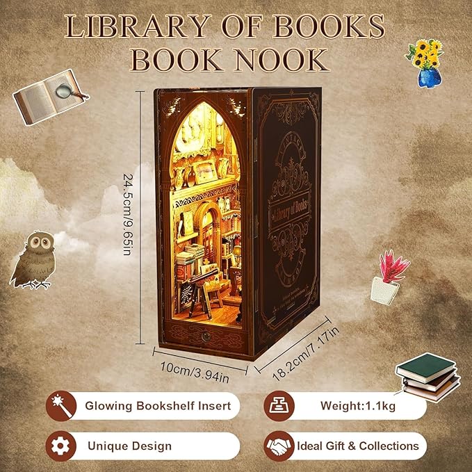 suruim DIY Book Nook Kit Bookend Puzzle Miniature Nook Library Bookshelf Insert Bookends Decoration Books Ornaments Gifts for Adults(Library)