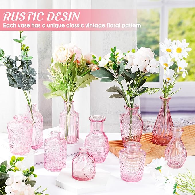 Inbagi 20 Pcs Glass Bud Vase Set - Pink Small Flower Vases Bulk, Vintage Embossed Decorative Bottles for Wedding Valentine Home Table Centerpieces Decor