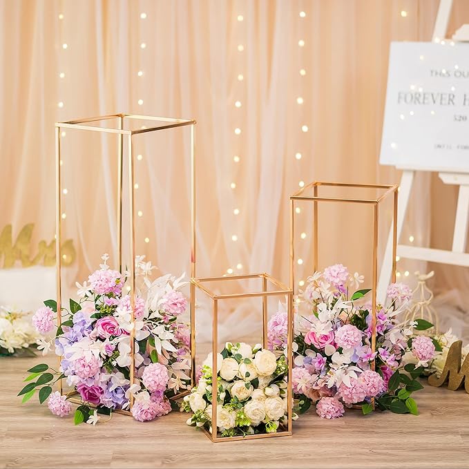 Sziqiqi Wedding Centerpieces for Tables Tall Metal Flower Stand Decorations for Weddings Party Gold Floor Geometric Vases for Events Reception Set of 3 (S+M+L, Gold)