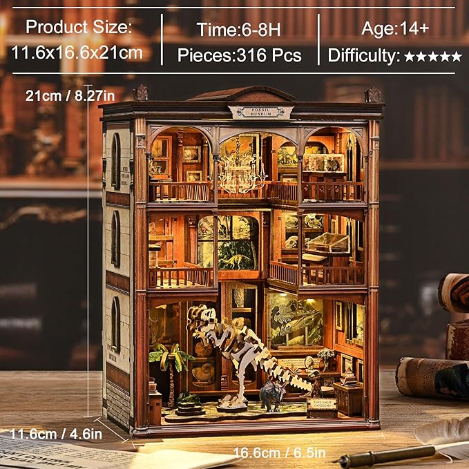 Book Nook Kit, DIY Miniature House Kit Dinosaur Fossil Exhibition Museum with LED Light, 3D Wooden Puzzle Handmade Craft Gift for Adults and Teens - Fossil Museum