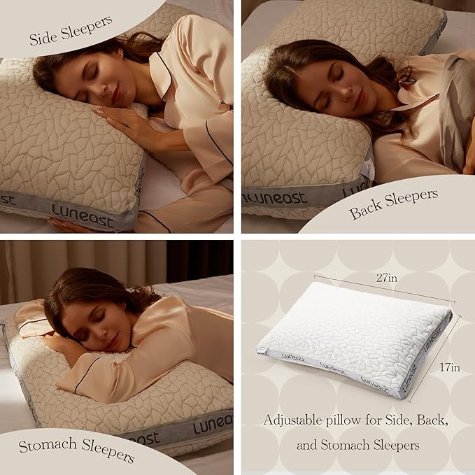 Luneast Memory Foam Pillows for Sleeping Adjustable Bamboo Blend Breathable Bed Pillow for Side, Back, and Stomach Sleepers Washable Pillow Cover Nocturne Queen Size 17x27IN