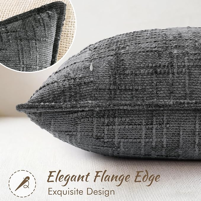 decorUhome Chenille Throw Pillow Covers 18x18 Set of 2, Thick Textured Slubby Neutral Decorative Pillow Covers with Elegant Design for Couch, Sofa, Living Room, Dark Grey
