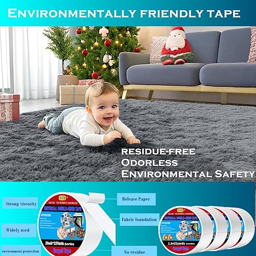 SJZQ Double Sided Carpet Tape 2 in x 22 yd Heavy Duty - Strong Adhesive for Area Rugs, Mats, Stairs on Hardwood, Tile, Concrete Floors No Residue Removable