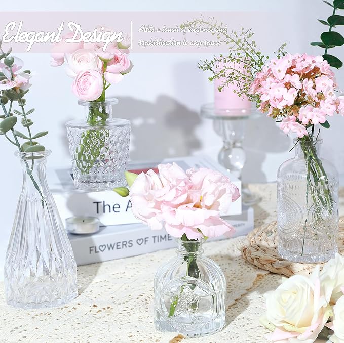 Glass Bud Vase Set of 5, Small Clear Flower Vases for Centerpieces in Bulk, Mini Vintage Vase for Wedding Decor, and Home Table Décor
