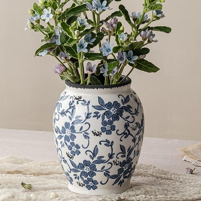 Blue and White Vintage Vase, Ceramic Chinoiserie Floral Vases, Round Farmhouse Rustic Table Centerpiece, Tuscan Home Decor, Large Crackle Glaze Flower Vase for Living Room, Office 6.9 Inch