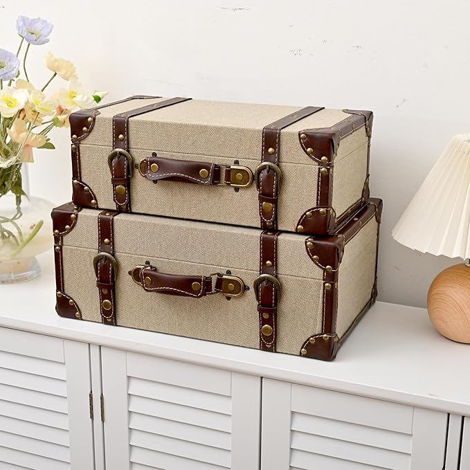 DDECOR4SEASON Set of 2 Decorative Vintage Storage Trunks, Natural Canvas Wrapped Wood Keepsake Boxes with Faux Leather Trim and Antique Accents, Stackable Nesting Chests for Home Décor