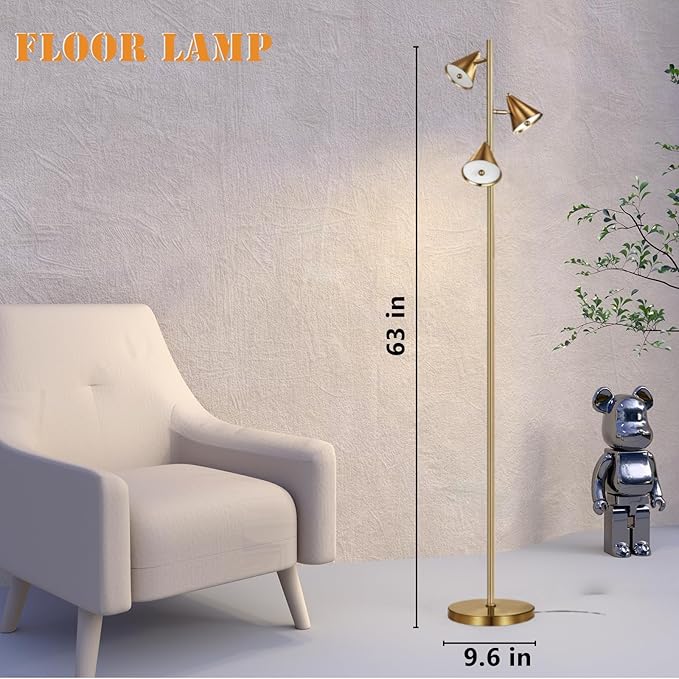 KimYan Tree Floor Lamp with Remote, Dimmable 3 Rotatable LED Lights, 5 Color Temperatures, 63" Modern Standing Lamp for Living Room, Bedroom, Office Reading Light (Bronze)
