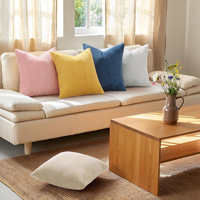 Mecatny Corduroy Decorative Throw Pillow Covers 16x16 Set of 2 for Sofa Living Room, Soft Neutral Boho Couch Pillow Covers for Home Decor, Cream White