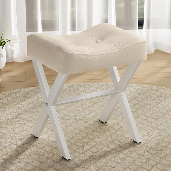 18-Inch Leather Vanity Stool Chair, Vanity Bench with Metal X-Leg, Ottoman Accent Stool with Thick Padded Saddle Seat, Beige