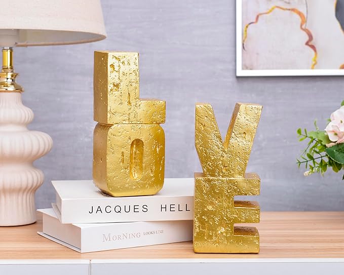 Book Ends Decorative Love Design,Modern Heavy Duty Gold Bookends for Shelves,Resin Book Holders, Book Stoppers for Home Desk Decoration, Unique Love Sculpture Bookends,Gifts for Christmas's Day