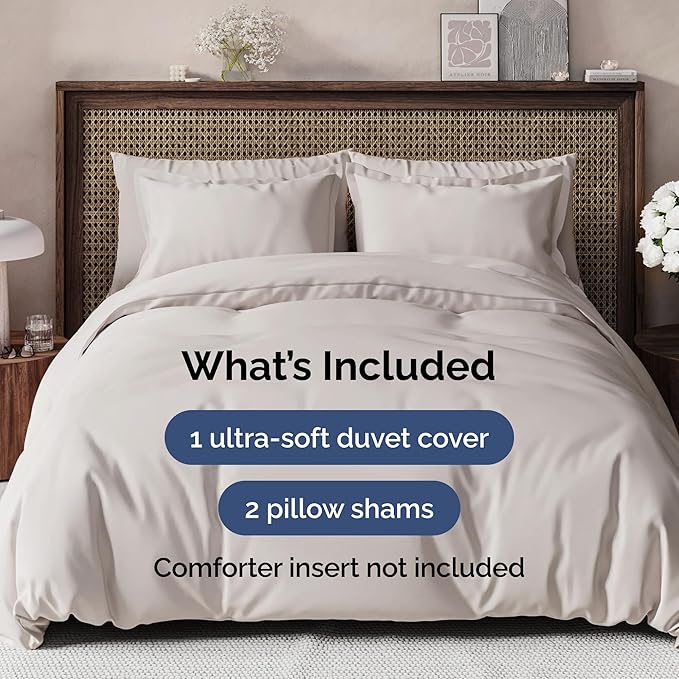 Duvet Cover Queen Size Set - Extra Soft Queen Size Duvet Cover 90 x 90 with 2 Pillow Shams - Hotel Luxury Easy Care and Fade Free w/Zipper Closures & Ties - Comfy Breathable Bedding Set (Light Grey)
