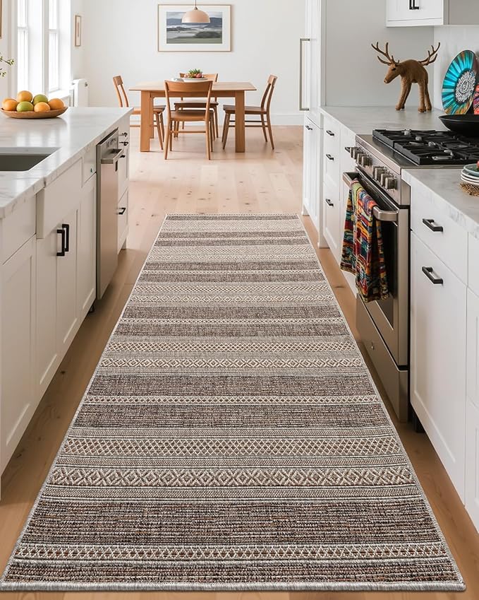 DEXI Hallway Runner Rug 3.3x8, Woven Braided Farmhouse Runner Carpet Indoor, Absorbent Thin Long Entryway Runners for Kitchen, Laundry Room, Patio Entrance, Striped Brown