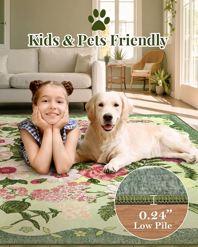 AREAMAY Floral Washable 5x7 Area Rugs - Living Room Rug Non Slip Low Pile Stain Resistant Carpets Indoor Vintage Flower Print Rug for Bedroom Dining Room Kitchen Home Office Green