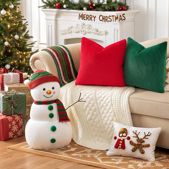 Pallene Faux Fur Plush Christmas Throw Pillow Covers 16x16 Set of 2, Soft Fluffy Couch Pillow Covers for Living Room, Christmas Green