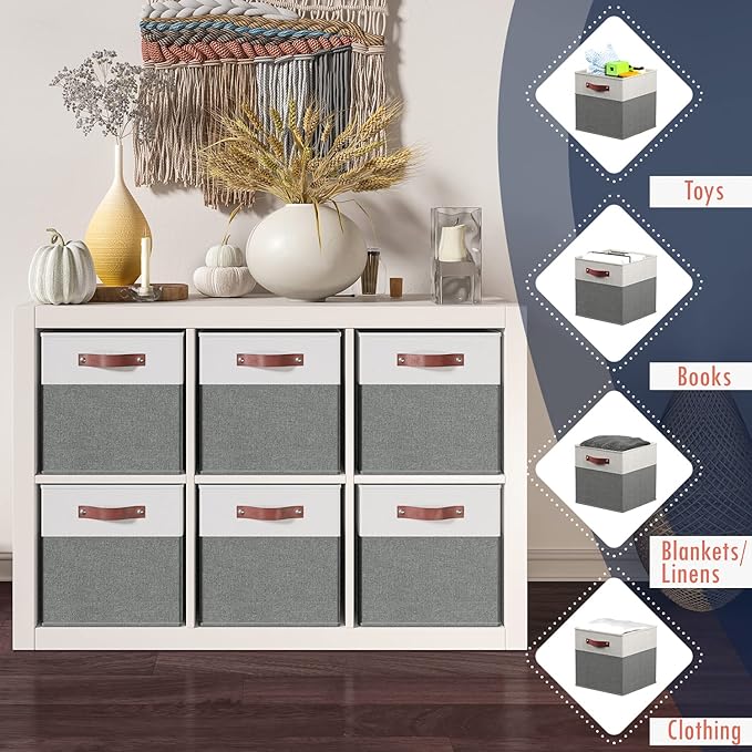 Ornavo Home 13 x 13 Storage Cube Bins, Foldable Collapsible Fabric Storage Bins Box Linen Shelf Basket Cube Organizer for Closet with Leather Handles, 6 Pack, White/Gray