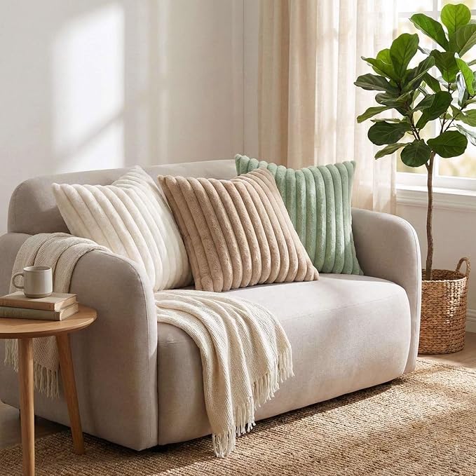 Pallene Faux Fur Plush Spring Throw Pillow Covers 20x20 Set of 2, Luxury Soft Fluffy Striped Decorative Pillow Covers for Sofa, Couch, Living Room, Cream White