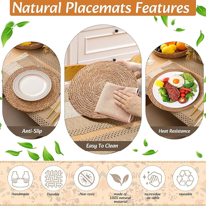 6 Sets Boho Placemats Round Woven Placemats, Cloth Napkins, Wood Bead Napkin Rings, Long Table Runner and Farmhouse Rustic Burlap Cotton for Kitchen Dining Table Home (Khaki B)