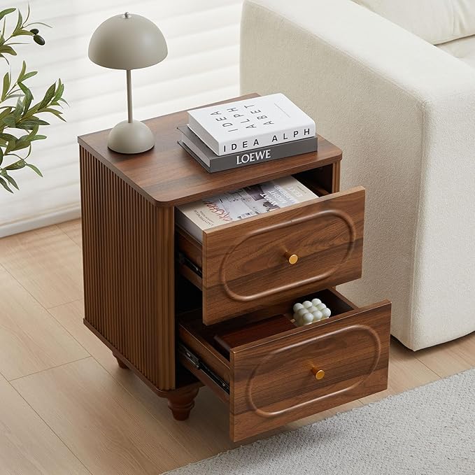 2 Drawer Fluted Nightstand, Mid Century Modern Farmhouse Night Stand Small End Table Bedside Table for Bedroom, Living Room, Walnut