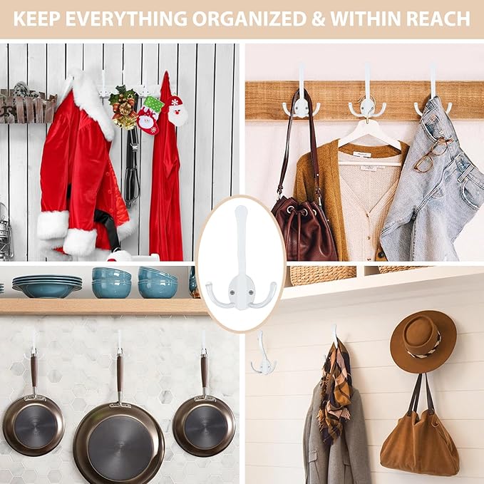 14 Pack Coat Hooks Heavy Duty, Metal Three Prongs Large Coat Hooks Wall Mounted with 28 Screws, No Rust White Rustic Wall Hooks for Hanging Towel, Coat, Scarf, Bag, Hat, Cup, Key