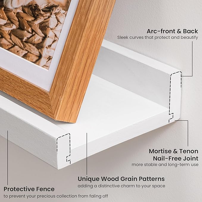 Solid Ash Wood Picture Ledge Shelf, 24 Inch Floating Shelves with Lip Set of 2, Photo Ledge Shelf Nursery Bookshelf Wall Mounted for Living Room Bedroom Decor, White