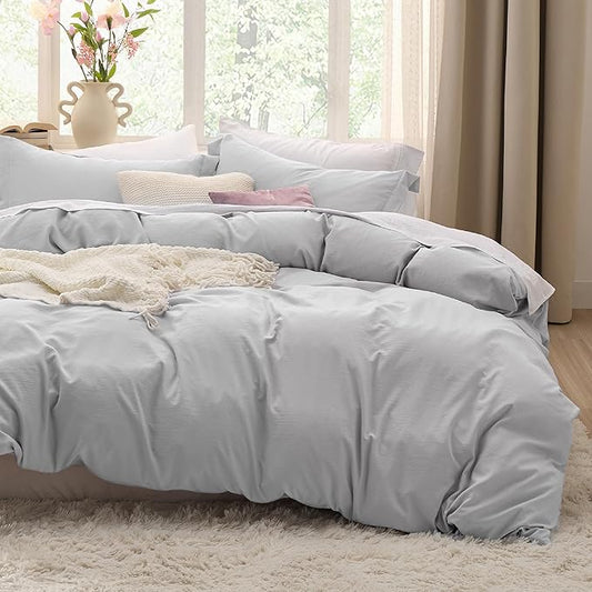 Bedsure Light Grey Duvet Cover King Size - 3 Pieces Prewashed Cotton-Like Extra Soft Bedding Set, Includes 1 Duvet Cover 104x90 Inches with Zipper Closure & 2 Pillow Shams, Comforter Not Included