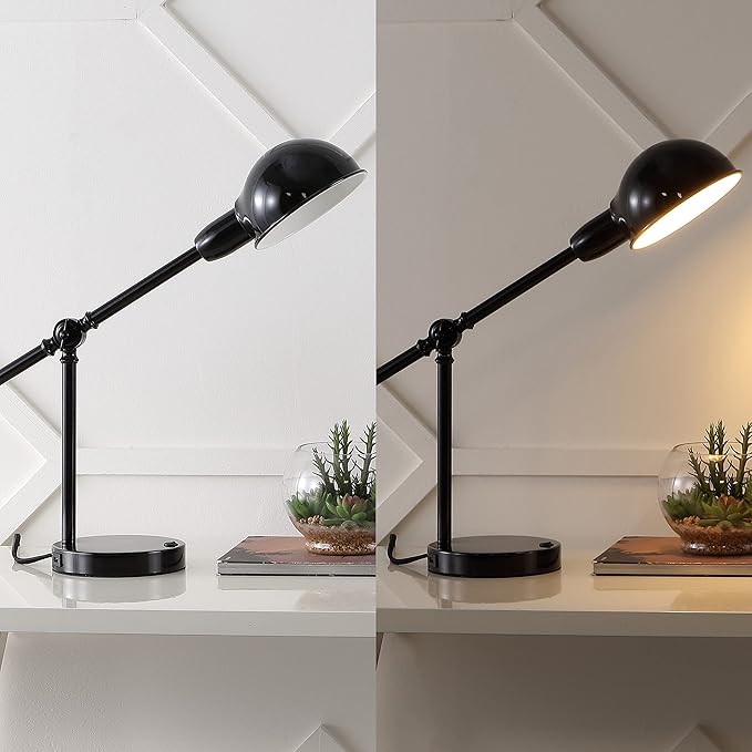 JONATHAN Y JYL7123A 20.25" Industrial Desk Lamp with USB Port, Vintage Black Metal Task Lamp with Adjustable Dome Shade for Home Office Reading, Bedside Nightstand Lamp for Bedroom, LED Bulb Included