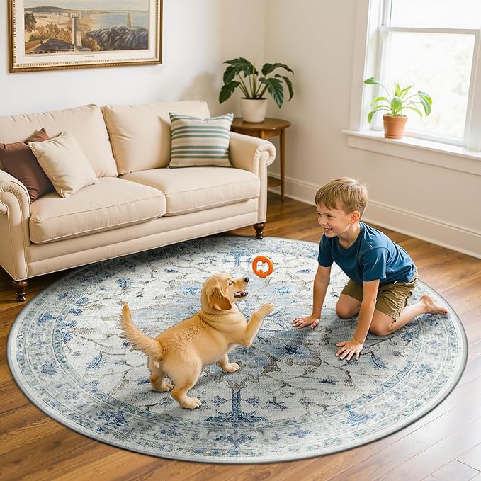 RELEANY Area Rugs 6ft Washable Non-Slip, Floral Vintage Distress Print Pattern Medallion Carpet for Living Room Bedroom Dining Room, Light Blue Navy Beige Gray White