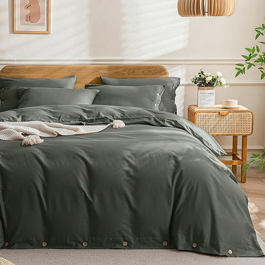 JELLYMONI Cotton Duvet Cover Cal King Size - Gray Comforter Cover with Button 100% Washed Cotton 3PCS Breathable Soft Solid Bedding Set Duvet Cover 104×98in & 2 Pillowcases (NO Comforter)