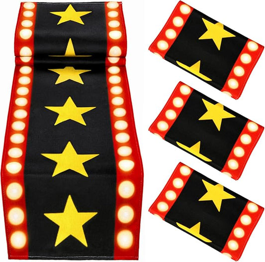 4 Pcs 13 x 72 Inch Movie Night Table Runner with Gold Star Design - Movie Night Black Carpet Decoration for Birthday Party Supplies （Black）