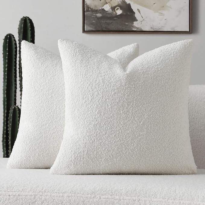 FUTEI Pack of 2 White Decorative Throw Pillow Covers 24x24 Inch Soft Cozy Solid Boucle Textured European Cushion Case,Modern Home Decor for Couch Bed Living Room