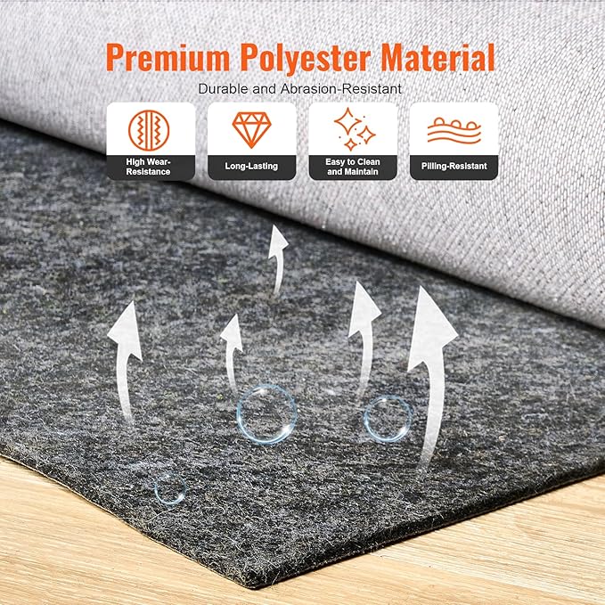 VEVOR Rug Pad Without Slip Resistance, 1/4" Thick 4'x6'(7.875' Actual) Dual Surface Protective Cushioning Carpet Pad, Polyester Felt + Latex, 1-2㎡ Area Carpet Padding Rug Cushion for All Floors, Gray