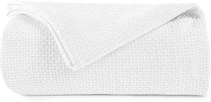 BOUTIQUO 100% Cotton Bed Blanket, Breathable Thermal Blanket Full - Queen Size, Soft Honeycomb Waffle Blanket 90"x90", Cotton Bed Blanket, Perfect for Layering Any Bed for All Season, White