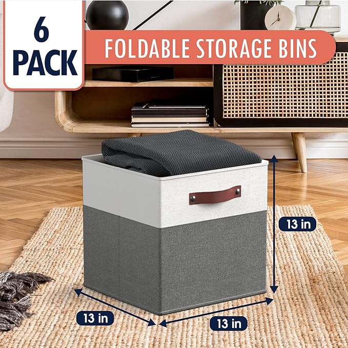 Ornavo Home 13 x 13 Storage Cube Bins, Foldable Collapsible Fabric Storage Bins Box Linen Shelf Basket Cube Organizer for Closet with Leather Handles, 6 Pack, White/Gray