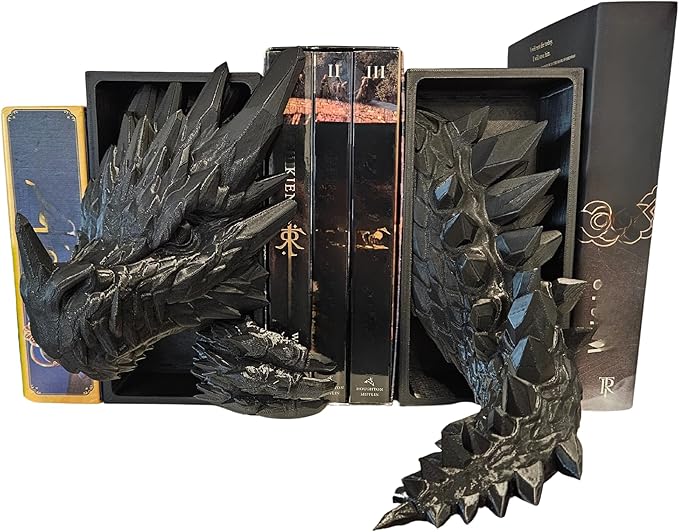 Dragons Awakening Book End – Fantasy Book Nook Insert for Dragon Readers – Unique Home Decor for Bookshelves & Libraries (Black - Head and Tail)