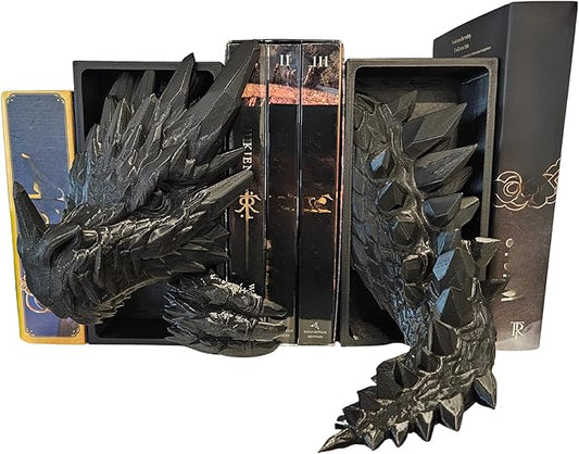Dragons Awakening Book End – Fantasy Book Nook Insert for Dragon Readers – Unique Home Decor for Bookshelves & Libraries (Black - Head and Tail)