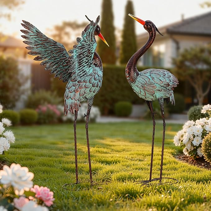 Extra-Large Metal Blue Heron Garden Statue, Handcrafted 36.8" Crane Decor Sculptures with Stable U-Ground Stakes, Backyard Decoration, Metal Garden Bird Animal Yard Art, Lawn Ornament Decor