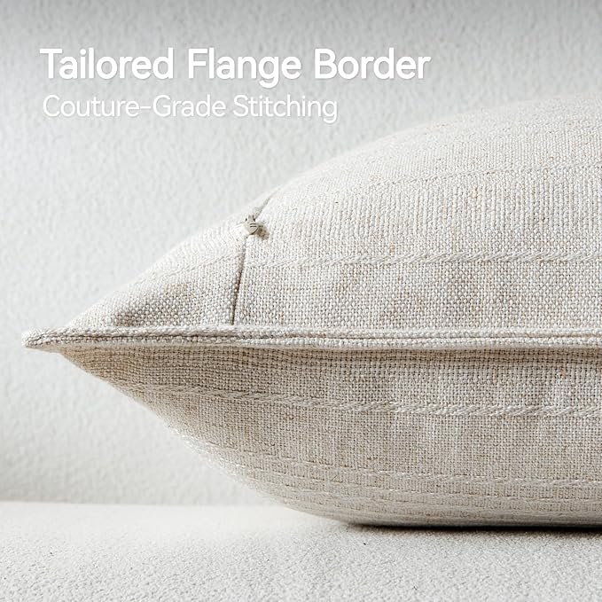 a moment Linen Pillow Covers Set of 2,Boho Farmhouse Throw Pillowcases Neutral Textured Decorative Covers for Couch Sofa Bed, Soft Linen Blend Accent Case Cushion Living Room Home Decor 20"x20"Ivory