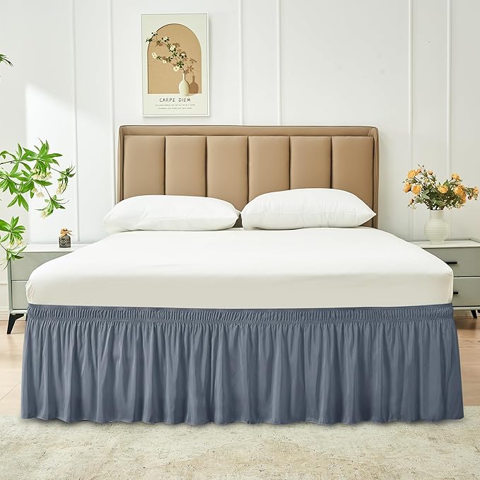 Biscaynebay Wrap Around Bed Skirts for Queen Beds 19" Long Drop, Dark Grey Adjustable Elastic Dust Ruffles Easy Fit Wrinkle & Fade Resistant Silky Luxurious Fabric Solid Machine Washable
