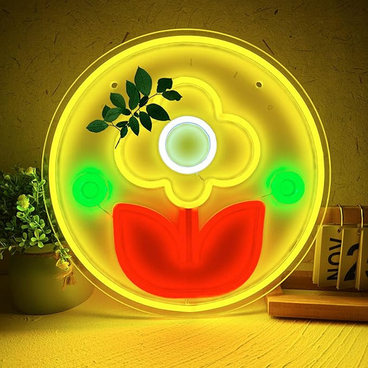 Flower LED Yellow Neon Light, Dimmable USB Wall-Mounted Retro Decoration, Creating a Modern Home Aesthetic, Simple and Sunshine Mood Light, Suitable for Living Rooms, Offices, Bedrooms, Game Rooms