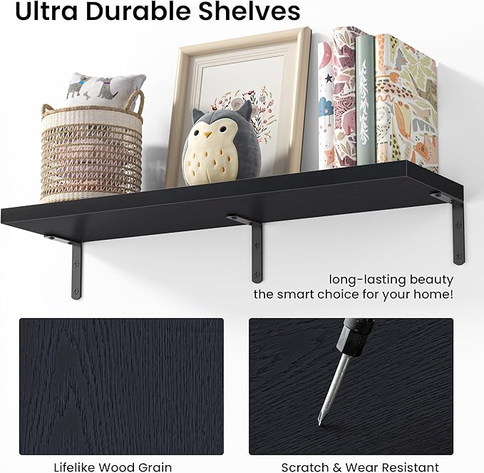 Marsmiles Extra Wide Floating Shelves for Wall, 32x8 Inch Natural Wood Grain Bookshelves, Heavy Duty Mounted Shelving for Bathroom, Kitchen, Living Room, Bedroom,Set of 2，Black