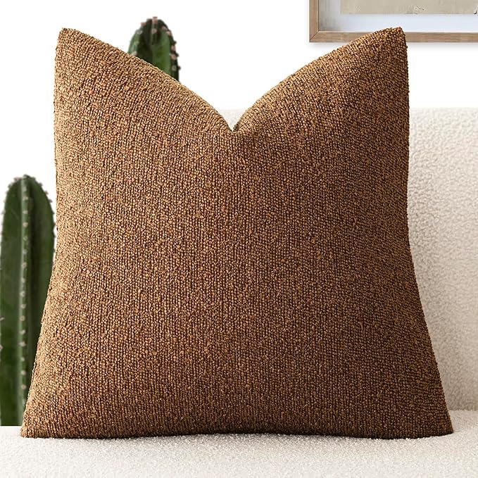 Foindtower Decorative Textured Boucle Throw Pillow Covers Accent Solid Pillow Cases Neutral Soft Cozy Couch Cushion Case for Chair Sofa Bedroom Living Room Home Decor 18x18 Inch,1PC,Hazel Brown