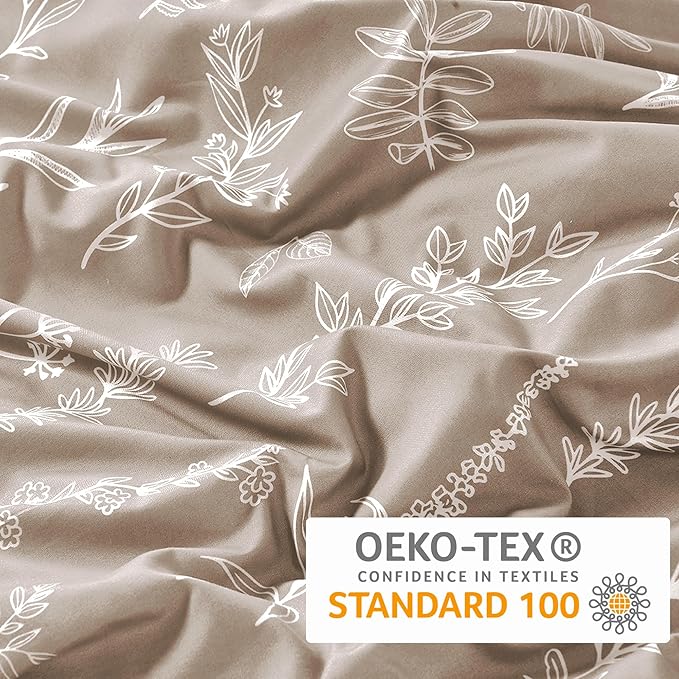 MUXHOMO Duvet Cover King Size, Reversible Floral Taupe Duvet Cover Set with Zipper Closure, 3 Pieces Botanical Patterns Soft Microfiber Bedding Set with 4 Ties (90"x104", 2 Pillow Cases)
