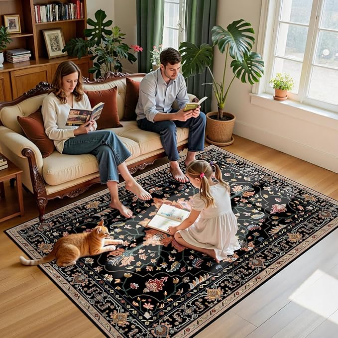 RELEANY Area Rugs 5'x7' Washable Non-Slip, Floral Vintage Distress Print Pattern Medallion Carpet for Living Room Bedroom Dining Room, Black Colorful Floral Dark Tan
