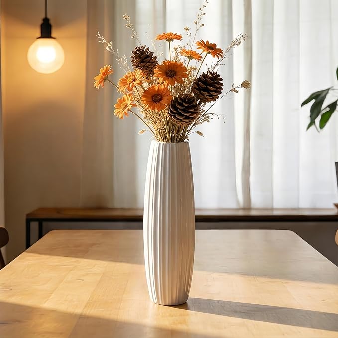 12 Inch White Vase Ceramic Flower Vase, Tall Vases for Pampas Grass, Home Decor, Modern Textured Vases for Living Room Decorations,Table Centerpieces,Shelf,Farmhouse Small Ceramic Vase